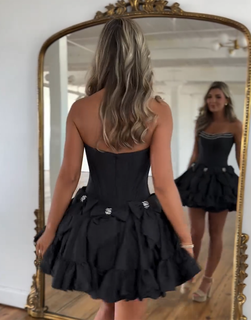 Sparkly Black A-Line Beaded Ruffle Homecoming Dress with Bowknots