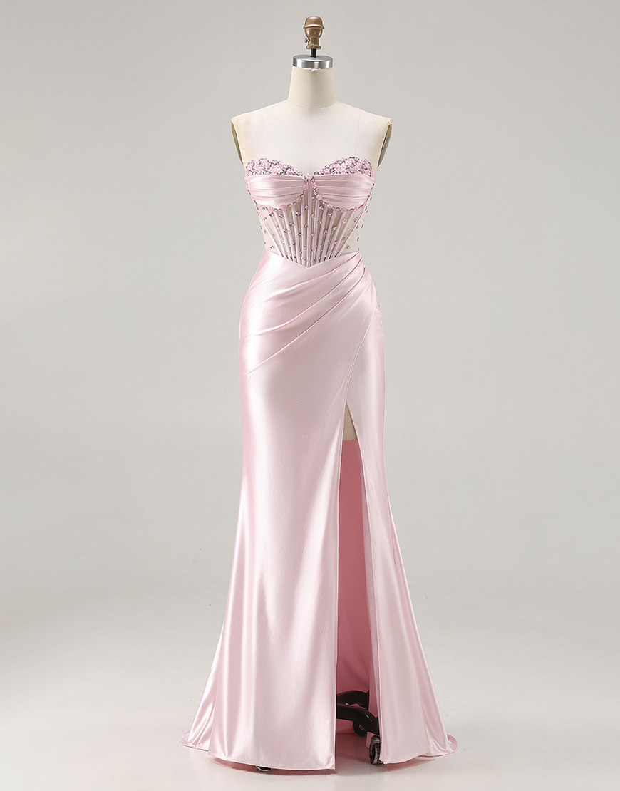 Berlinnova Women Sparkly Pink Corset Satin Long Prom Dress with Beading Mermaid Strapless Lace Up Back Ruched Formal Dress with Slit