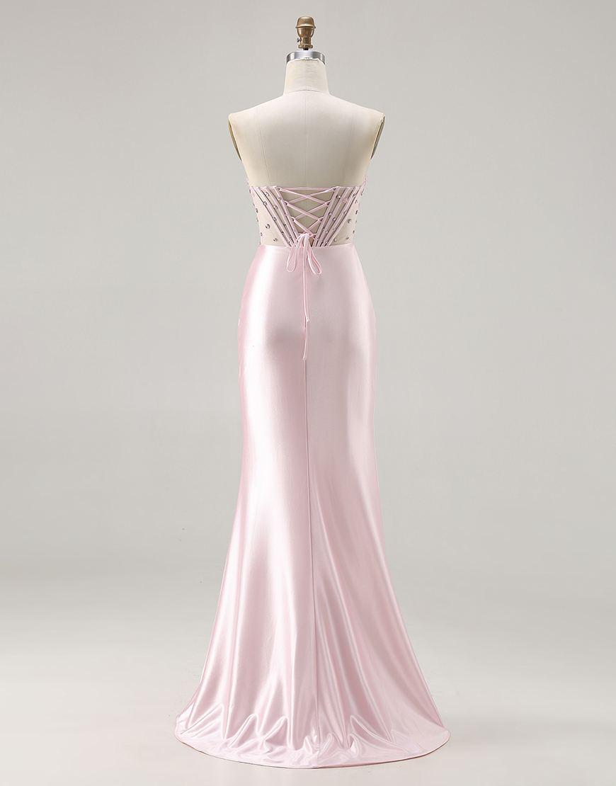 Sparkly Pink Corset Satin Beaded Long Mermaid Prom Dress with Slit