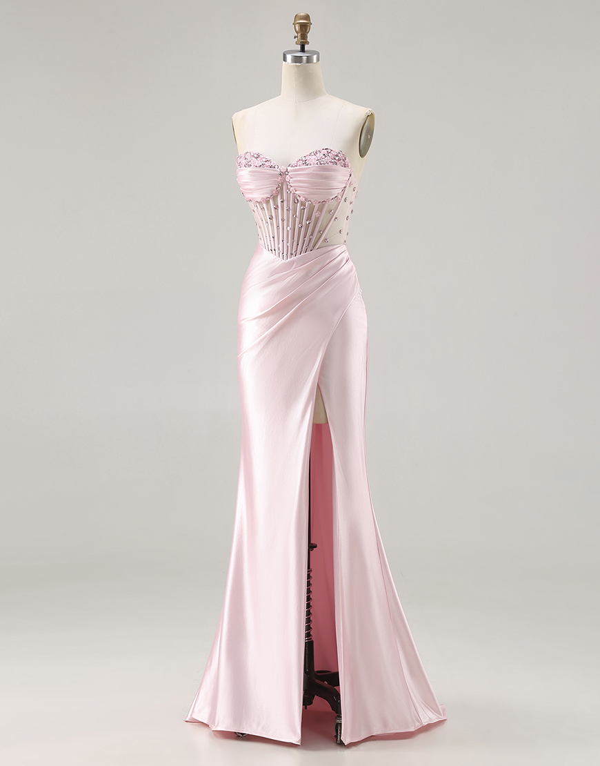 Sparkly Pink Corset Satin Beaded Long Mermaid Prom Dress with Slit