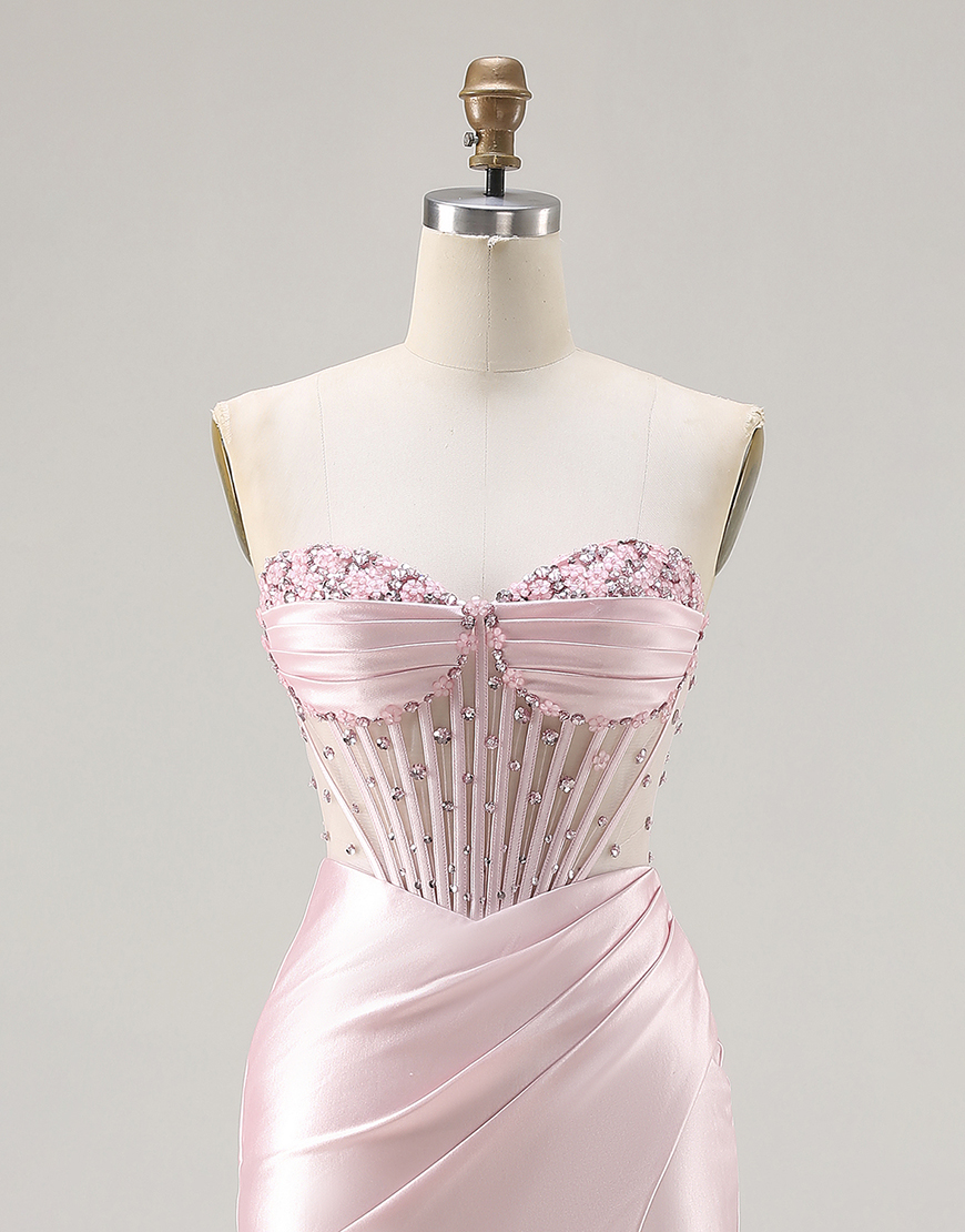 Sparkly Pink Corset Satin Beaded Long Mermaid Prom Dress with Slit