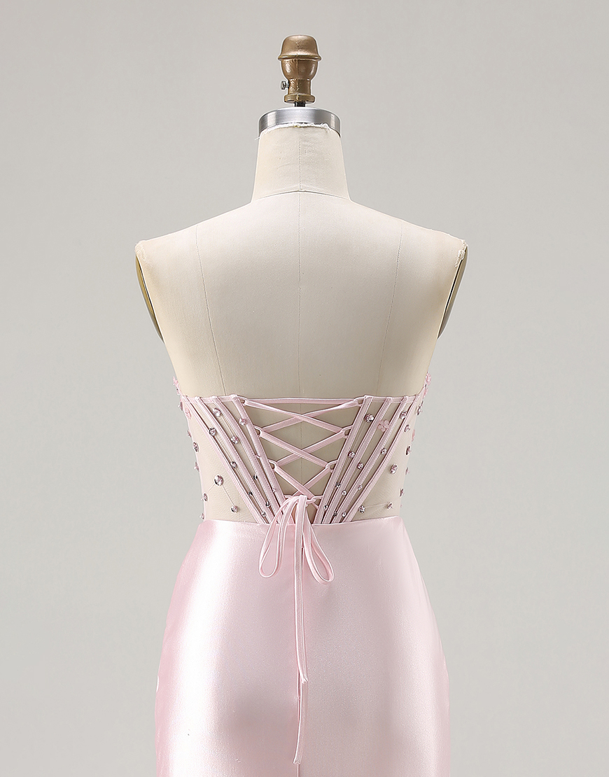 Sparkly Pink Corset Satin Beaded Long Mermaid Prom Dress with Slit