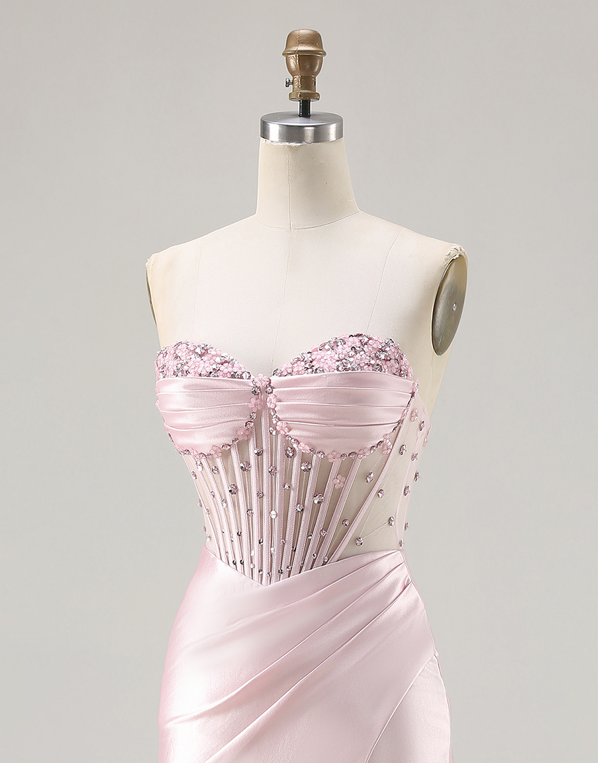 Sparkly Pink Corset Satin Beaded Long Mermaid Prom Dress with Slit
