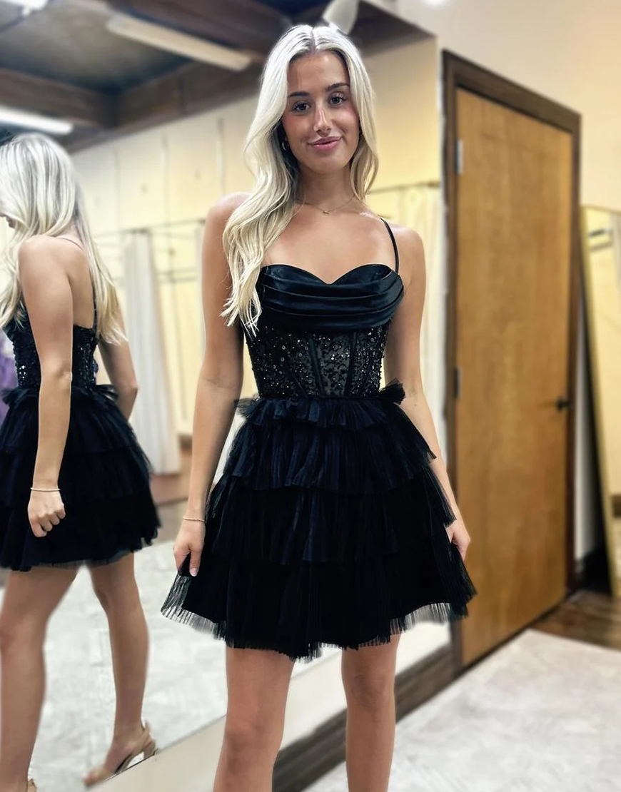 Sparkly Black A-Line Corset Tiered Homecoming Dress 