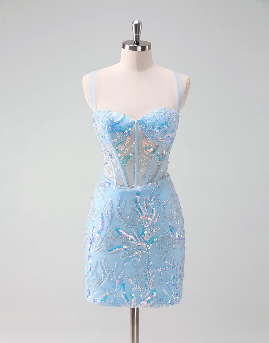 Glitter Light Blue Sequined Embroidery Corset Tight Homecoming Dress 