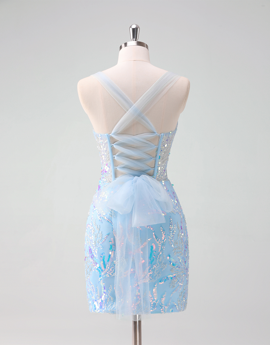 Glitter Light Blue Sequined Embroidery Corset Tight Homecoming Dress 