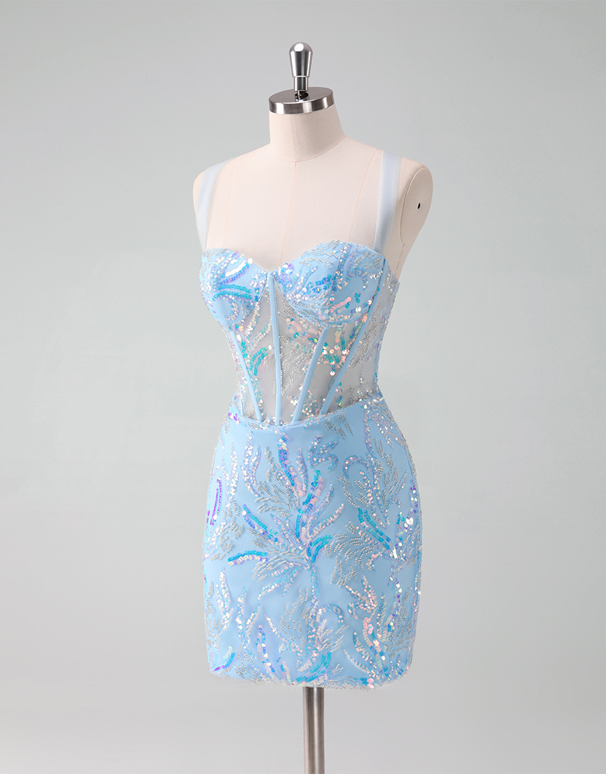 Glitter Light Blue Sequined Embroidery Corset Tight Homecoming Dress 