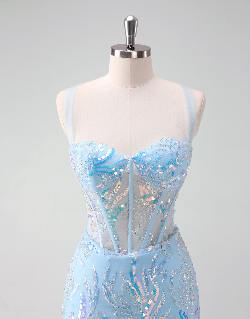 Glitter Light Blue Sequined Embroidery Corset Tight Homecoming Dress 