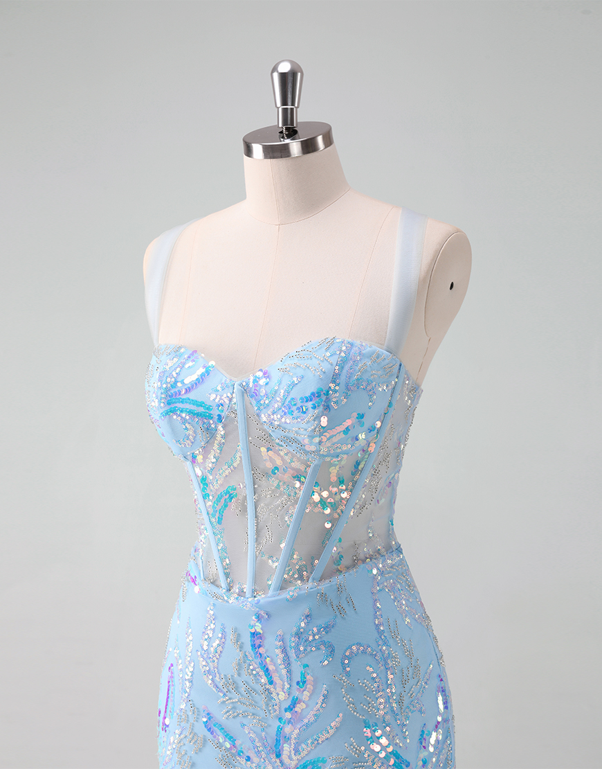 Glitter Light Blue Sequined Embroidery Corset Tight Homecoming Dress 