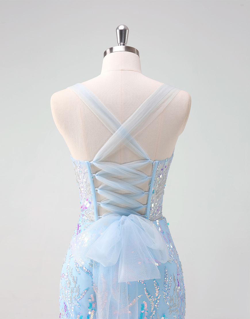 Glitter Light Blue Sequined Embroidery Corset Tight Homecoming Dress 