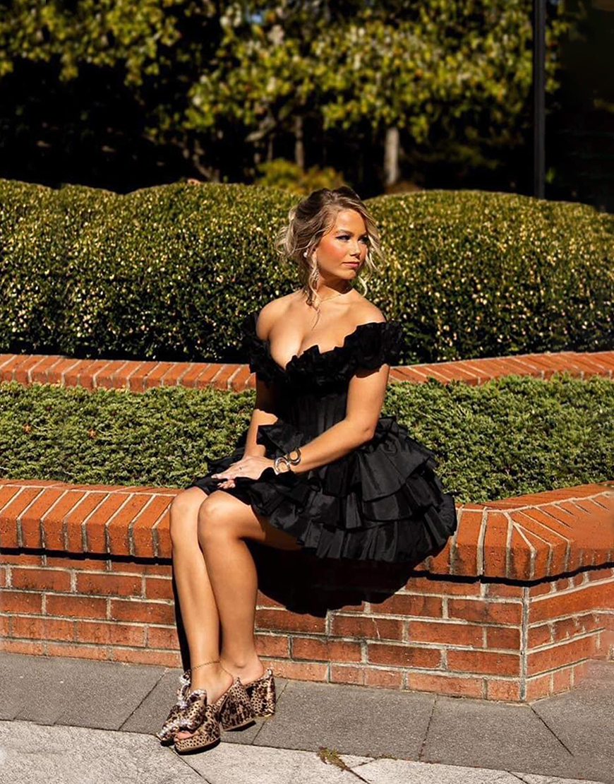 Yellow A-Line Ruffled Off-the-Shoulder Tiered Homecoming Dress 