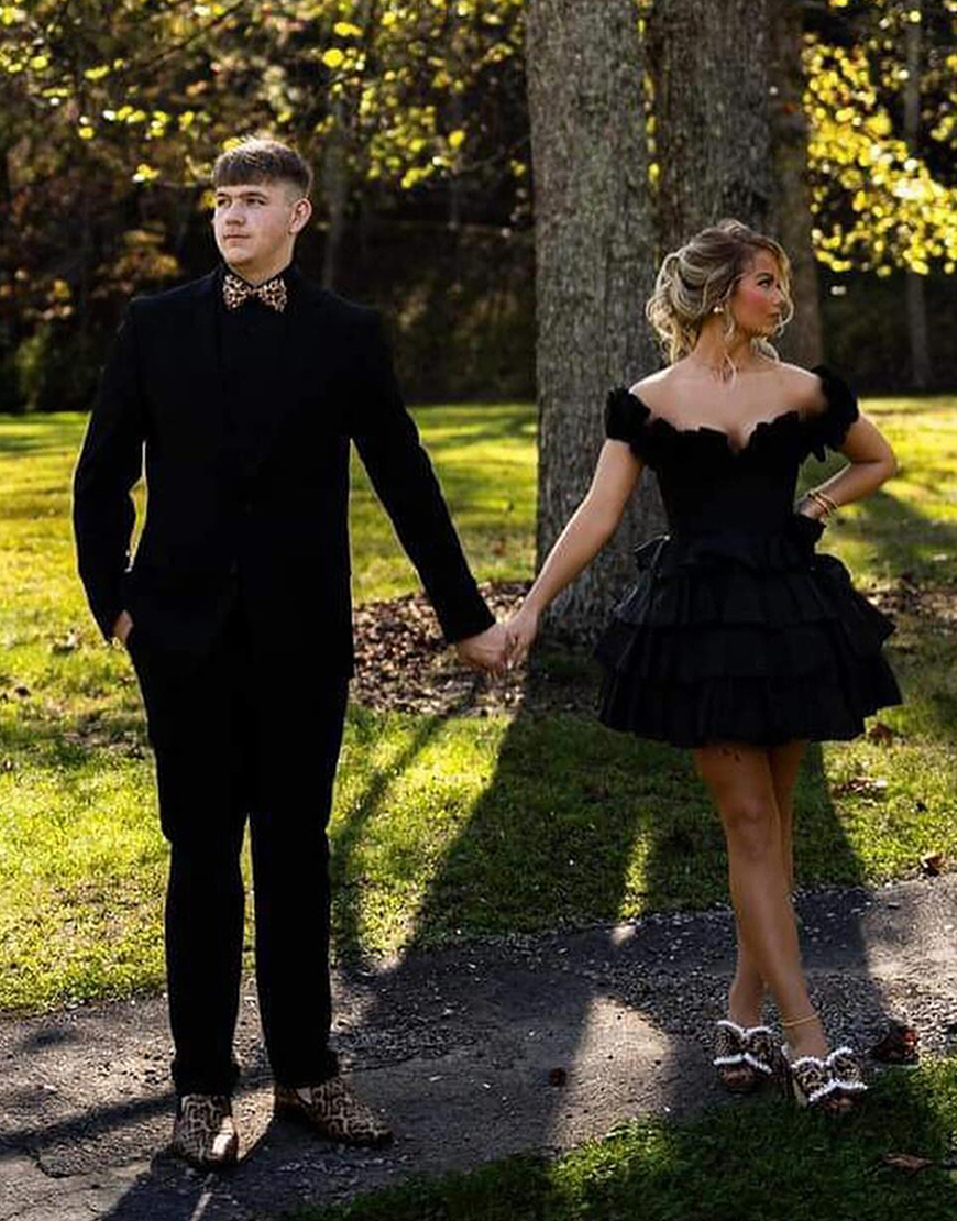 Yellow A-Line Ruffled Off-the-Shoulder Tiered Homecoming Dress 