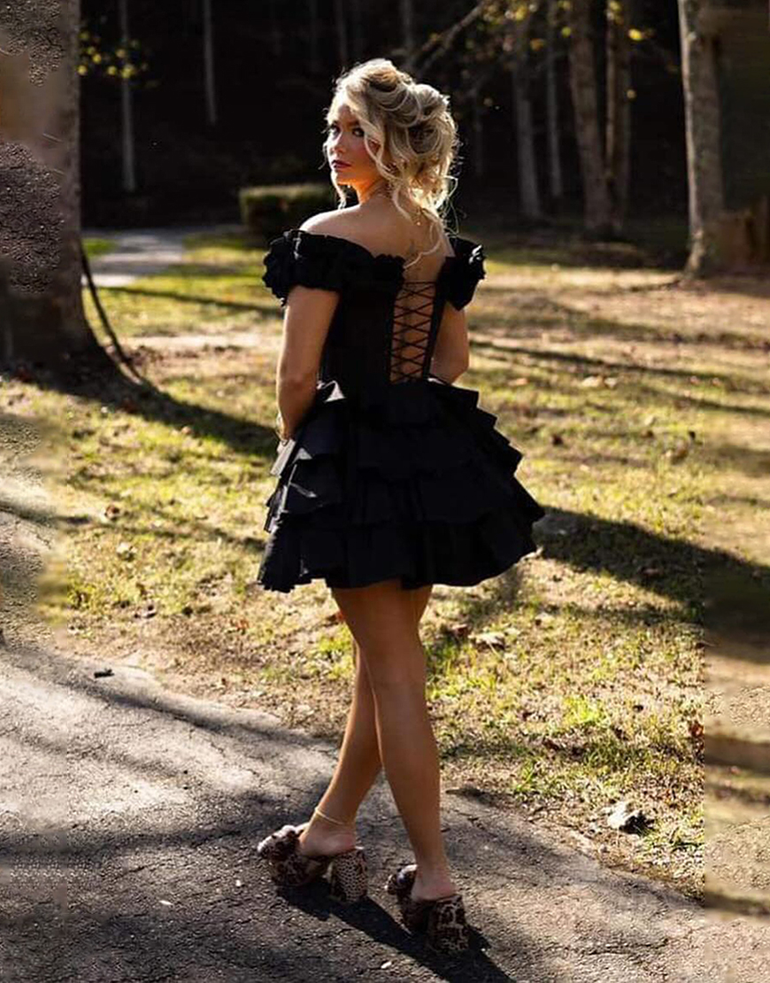 Yellow A-Line Ruffled Off-the-Shoulder Tiered Homecoming Dress 