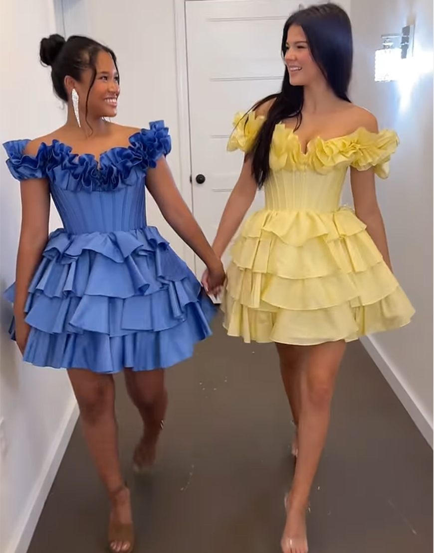 Blue A-Line Ruffled Off-the-Shoulder Tiered Homecoming Dress 