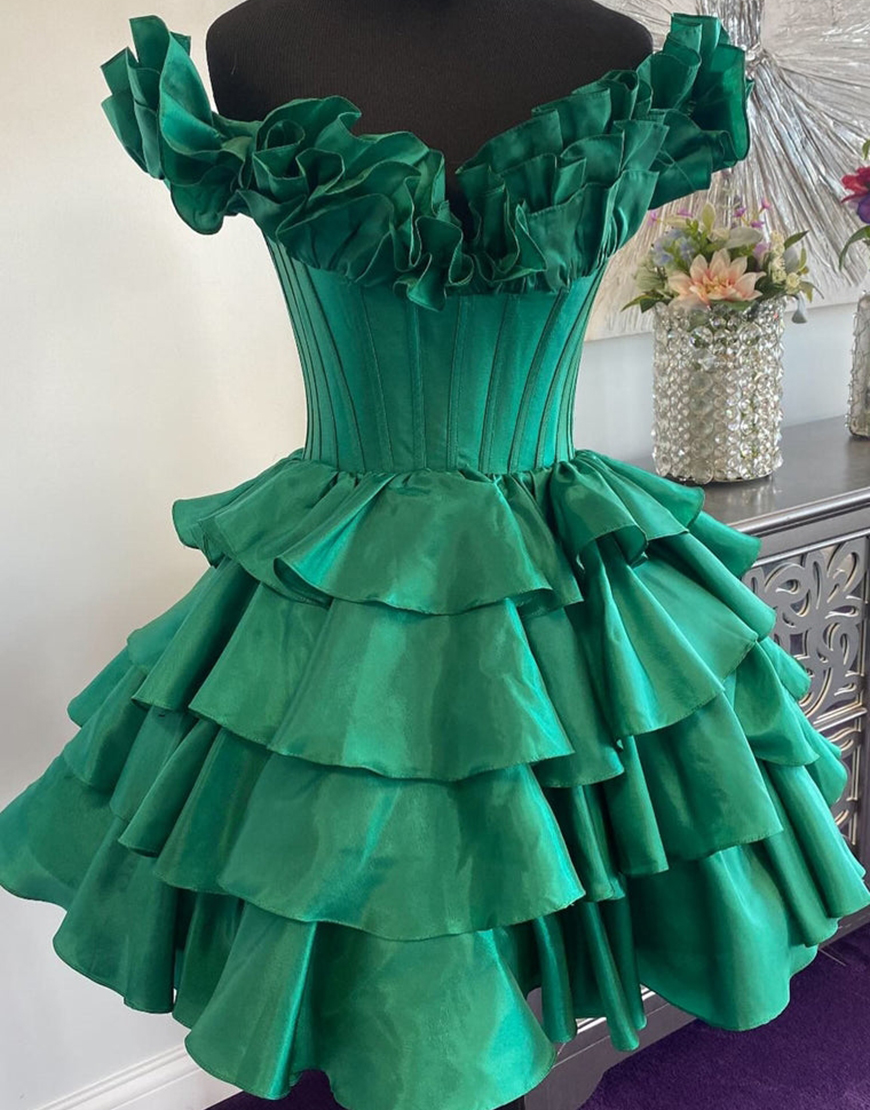 Yellow A-Line Ruffled Off-the-Shoulder Tiered Homecoming Dress 