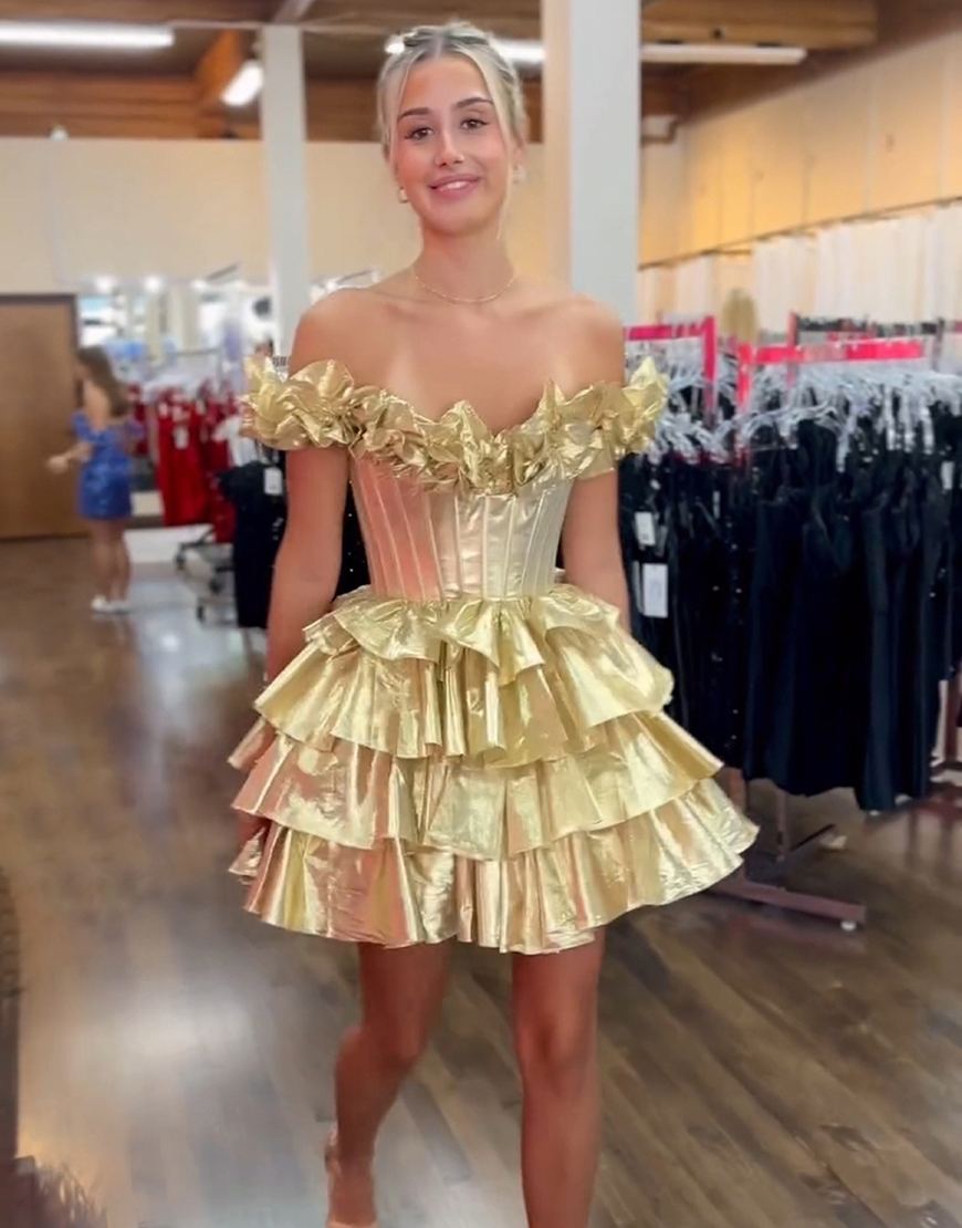 Yellow A-Line Ruffled Off-the-Shoulder Tiered Homecoming Dress 