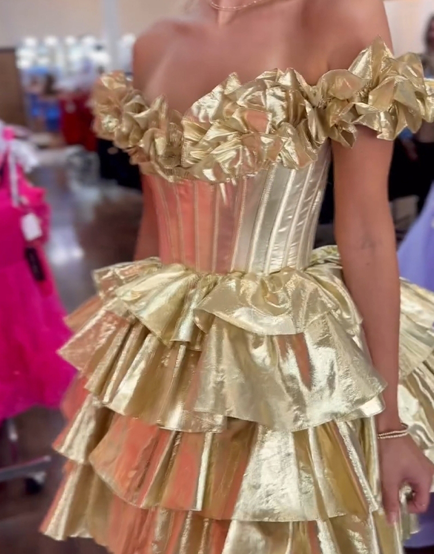 Yellow A-Line Ruffled Off-the-Shoulder Tiered Homecoming Dress 