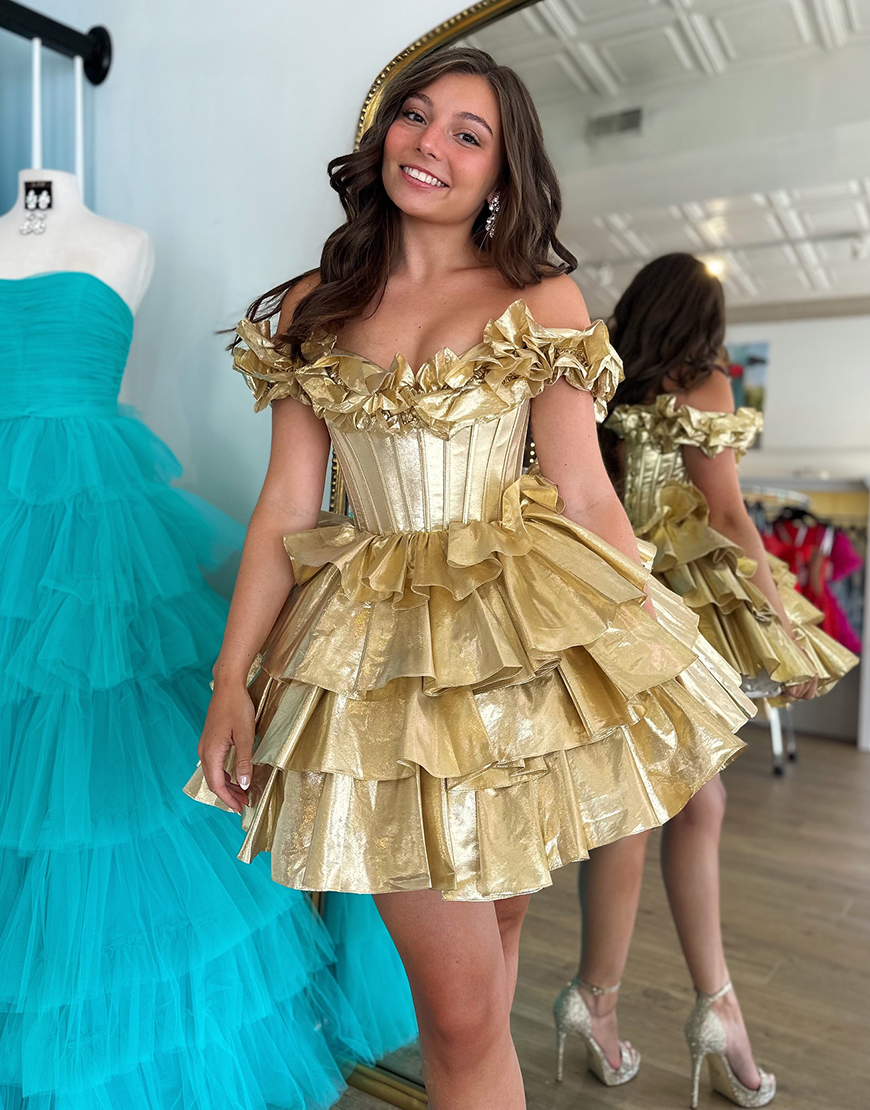 Yellow A-Line Ruffled Off-the-Shoulder Tiered Homecoming Dress 