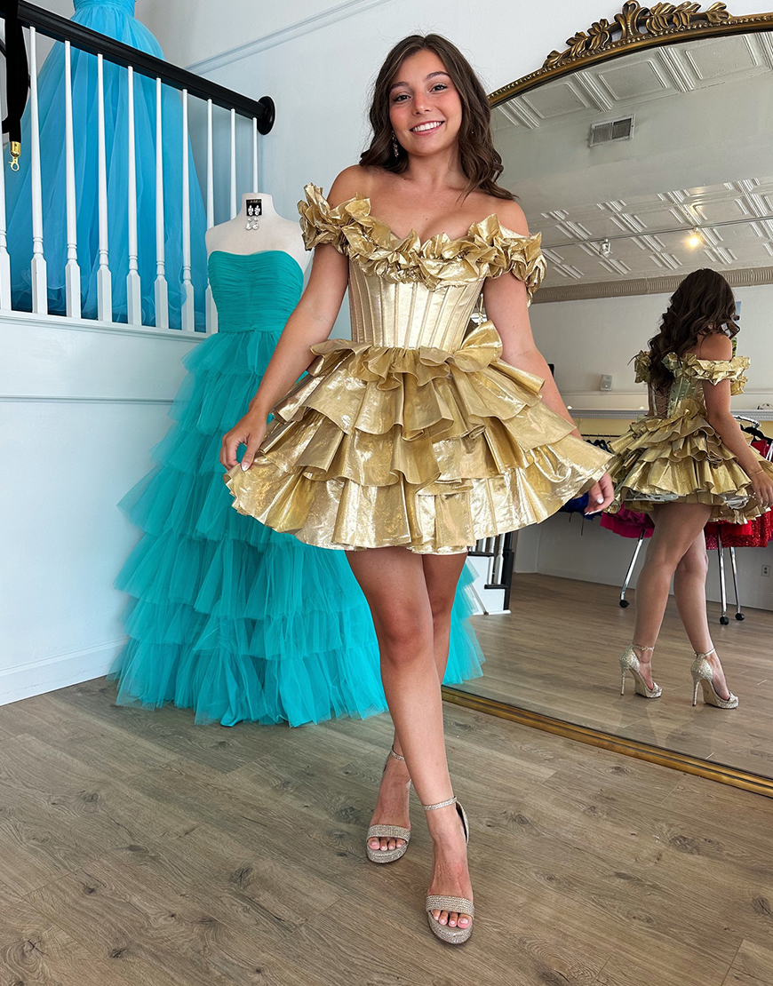 Yellow A-Line Ruffled Off-the-Shoulder Tiered Homecoming Dress 