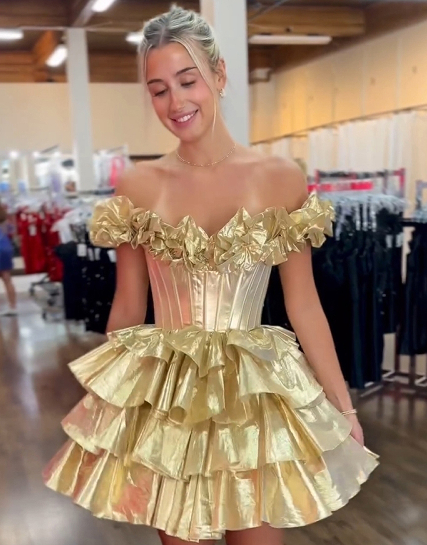 Yellow A-Line Ruffled Off-the-Shoulder Tiered Homecoming Dress 