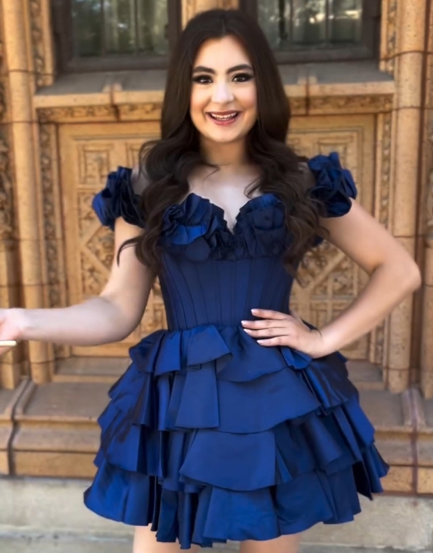 Yellow A-Line Ruffled Off-the-Shoulder Tiered Homecoming Dress 