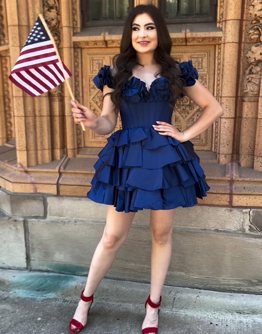 Yellow A-Line Ruffled Off-the-Shoulder Tiered Homecoming Dress 