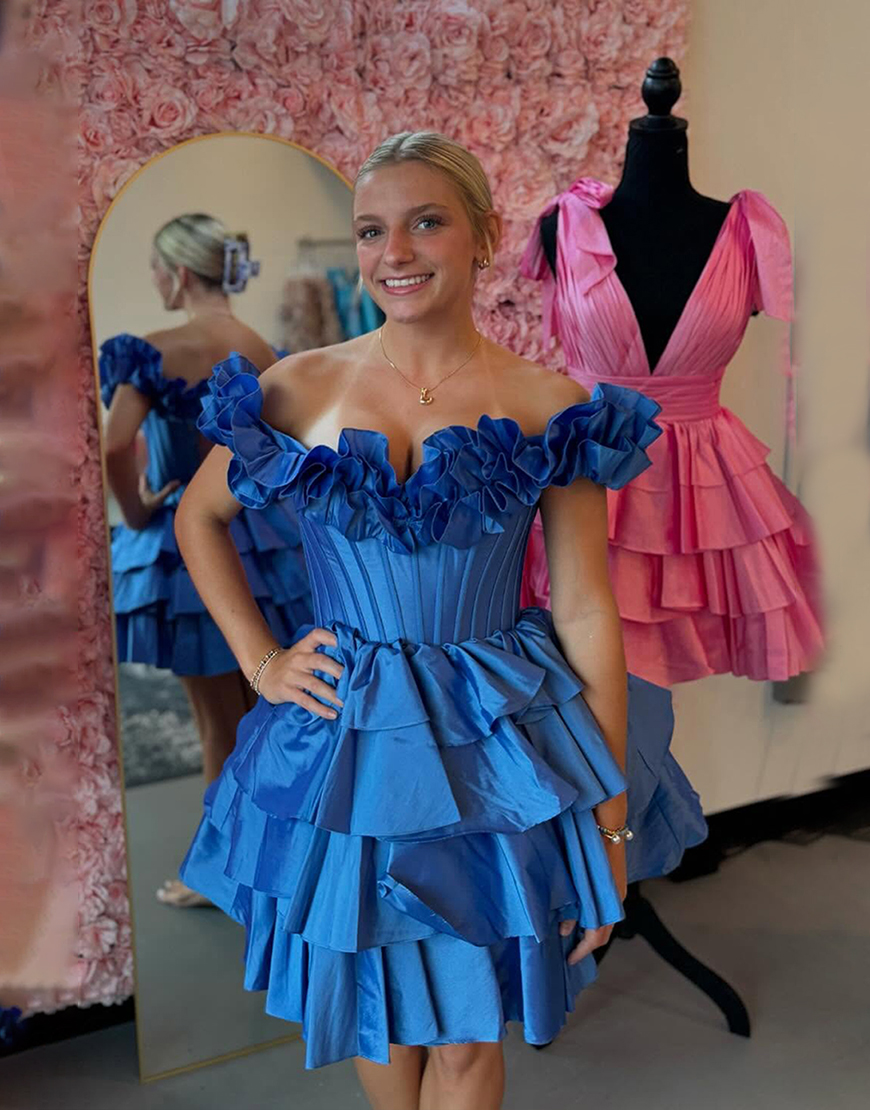 Yellow A-Line Ruffled Off-the-Shoulder Tiered Homecoming Dress 