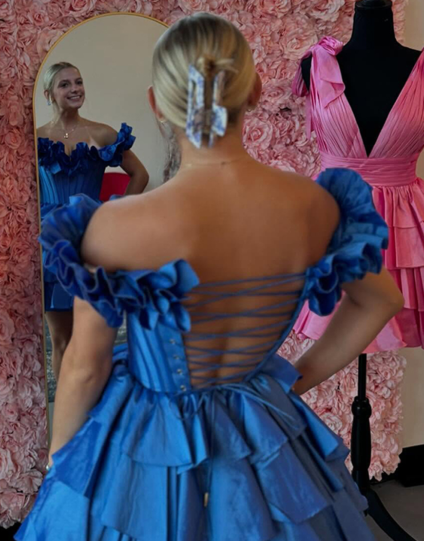 Yellow A-Line Ruffled Off-the-Shoulder Tiered Homecoming Dress 