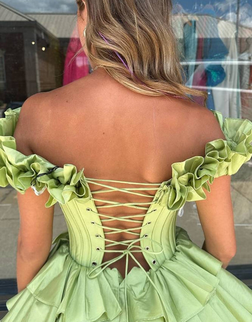 Yellow A-Line Ruffled Off-the-Shoulder Tiered Homecoming Dress 