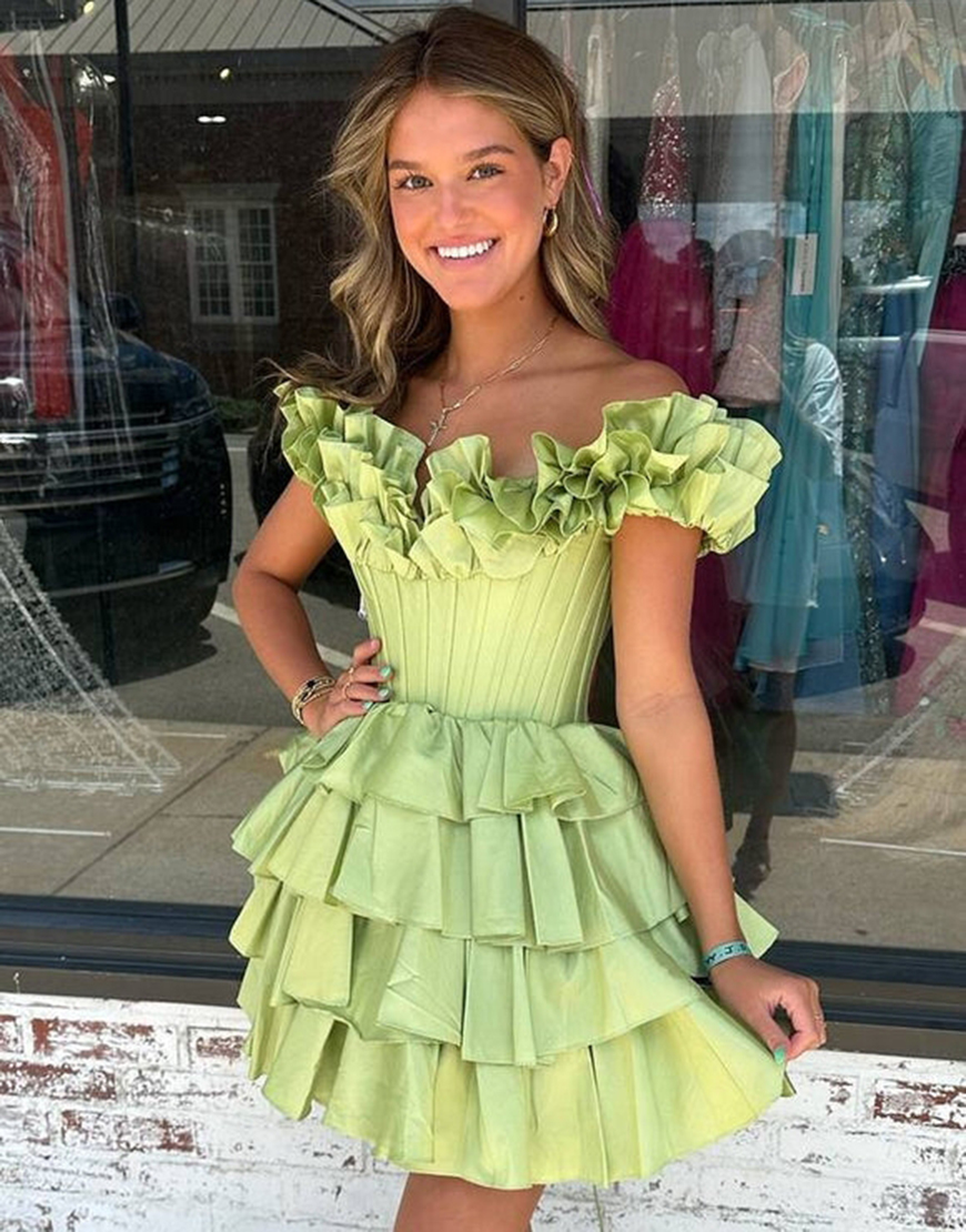 Yellow A-Line Ruffled Off-the-Shoulder Tiered Homecoming Dress 