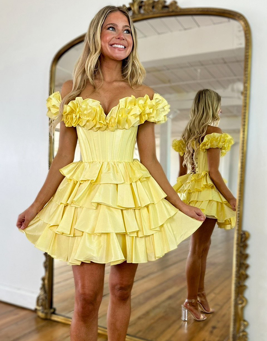 Yellow A-Line Ruffled Off-the-Shoulder Tiered Homecoming Dress 