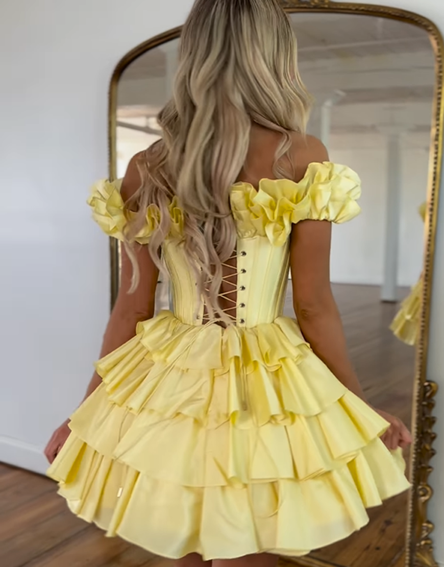 Yellow A-Line Ruffled Off-the-Shoulder Tiered Homecoming Dress 