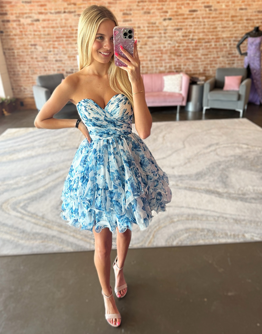 Blue Floral Prints A-Line Sweetheart Homecoming Dress 