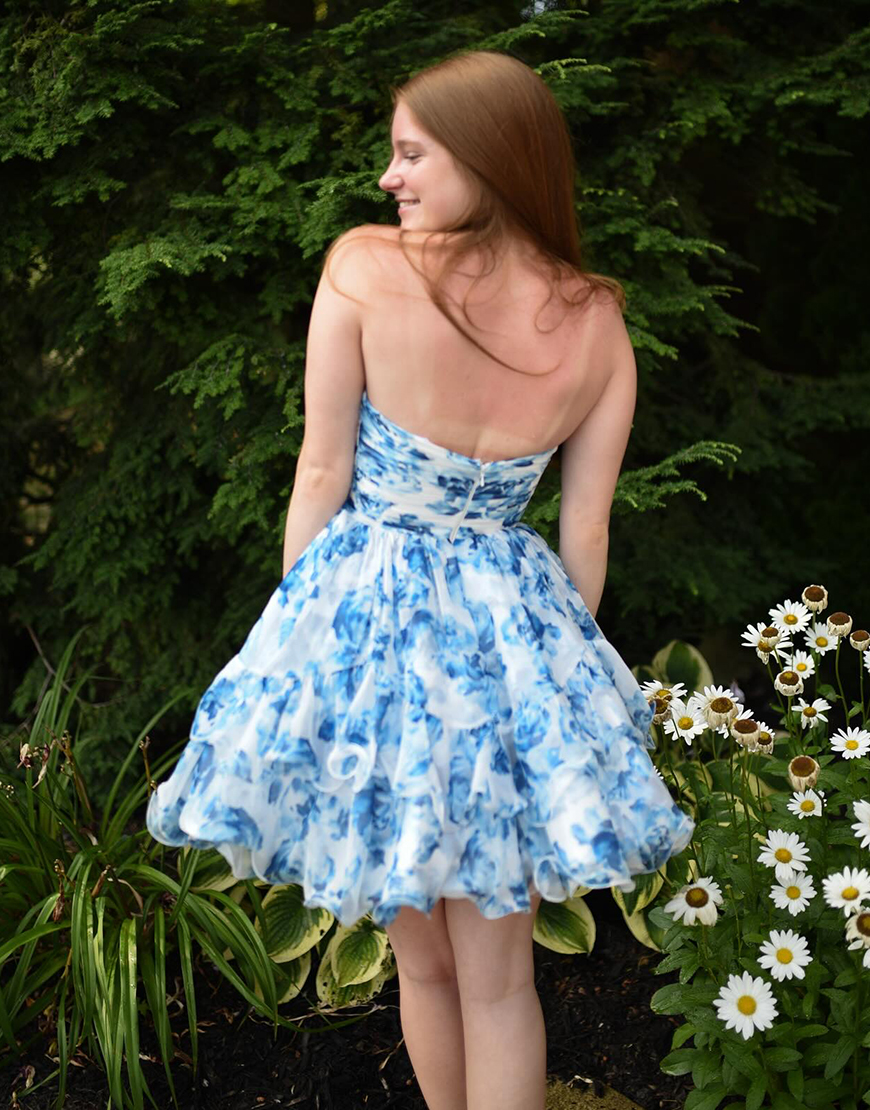 Blue Floral Prints A-Line Sweetheart Ruffle Homecoming Dress 