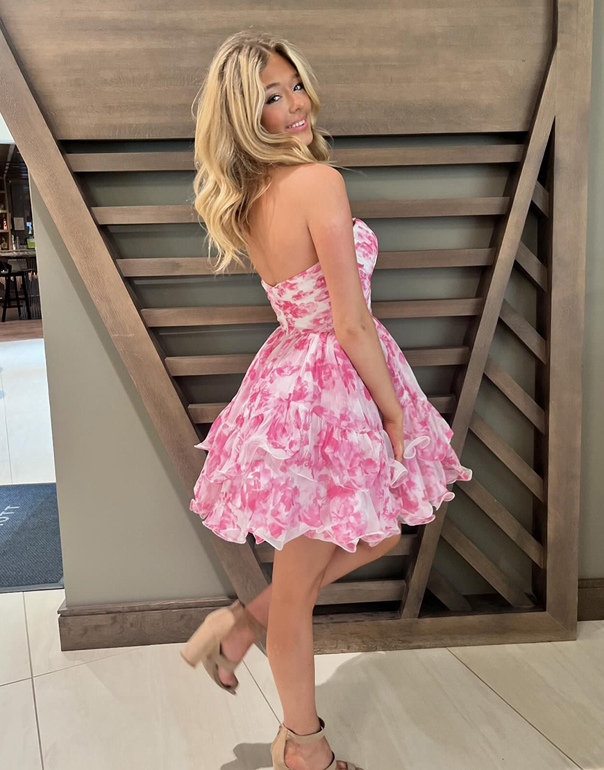 Blue Floral Prints A-Line Sweetheart Homecoming Dress 