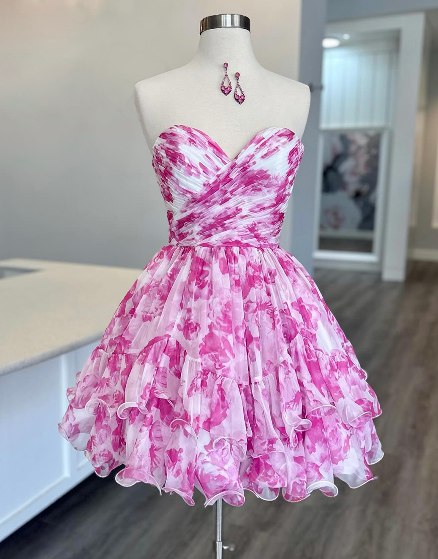 Blue Floral Prints A-Line Strapless Homecoming Dress 