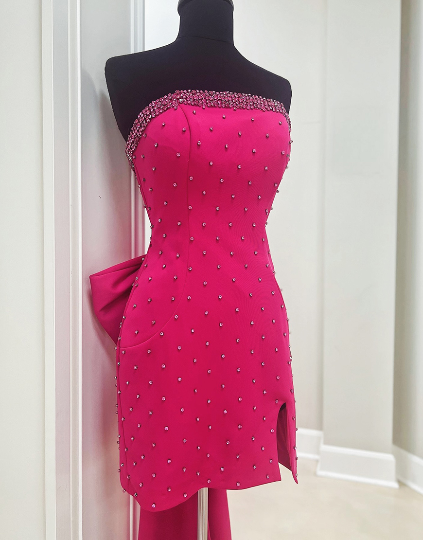 Glitter Fuchsia Beaded Tight Strapless Homecoming Dress with Bow