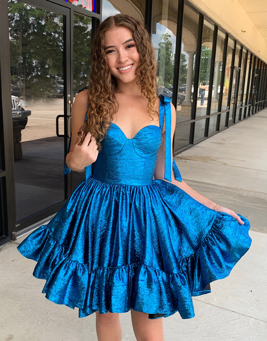 Metallic Blue A-Line Bow Tie Straps Ruffled Homecoming Dress