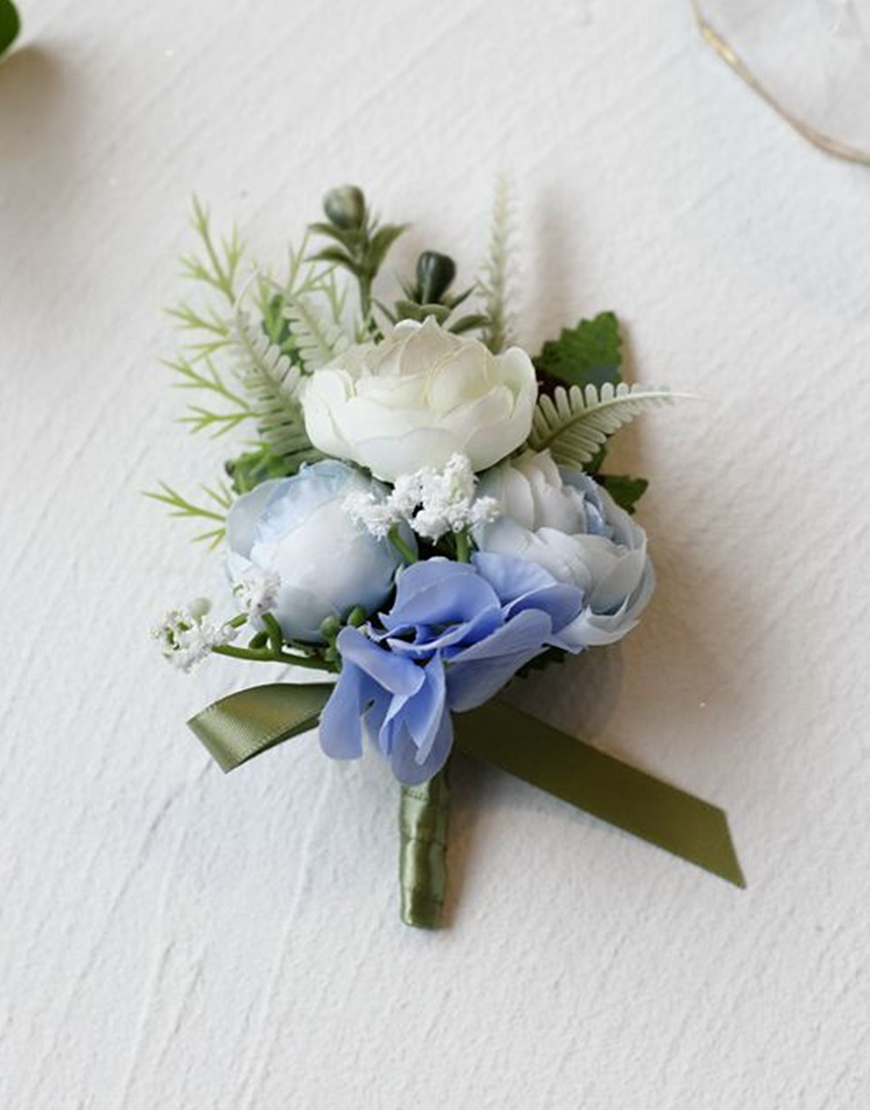 Blue Wedding Party Flowers Boutonniere with Bow