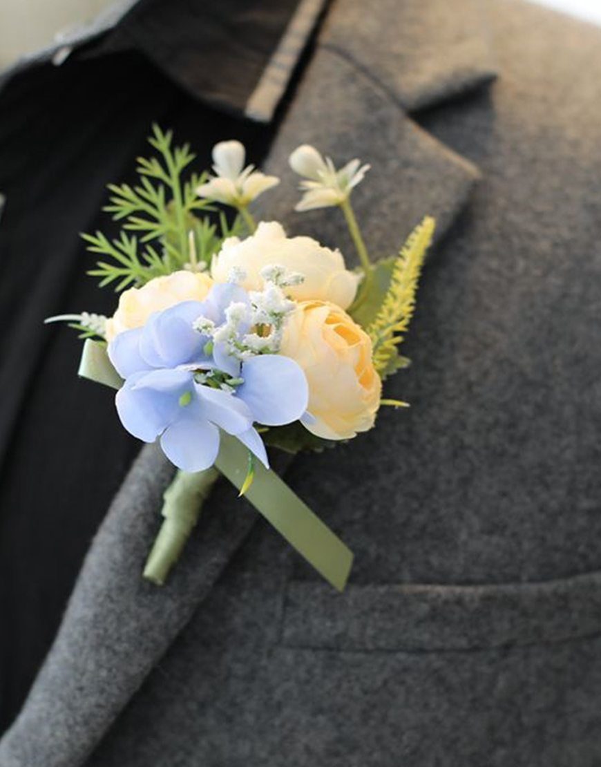 Blue Wedding Party Flowers Boutonniere with Bow