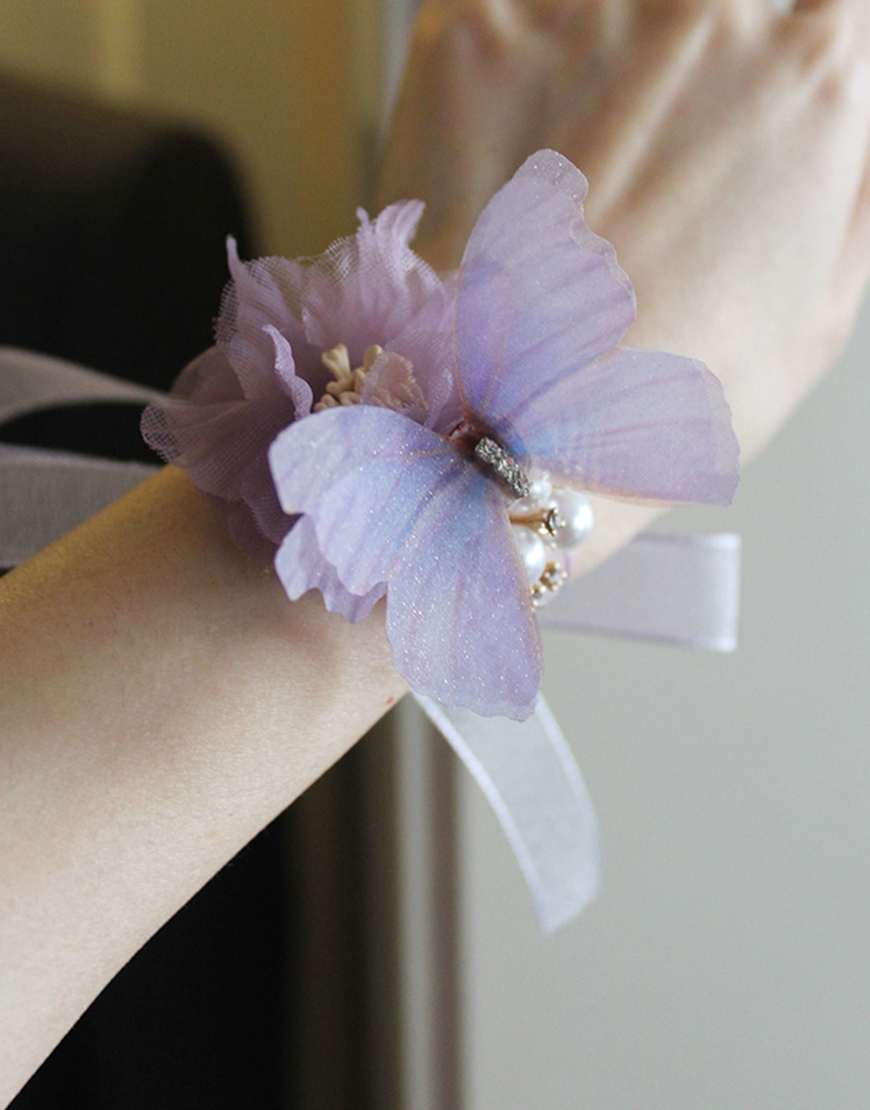 Sparkly Purple Butterfly Wrist Corsage with Ribbons