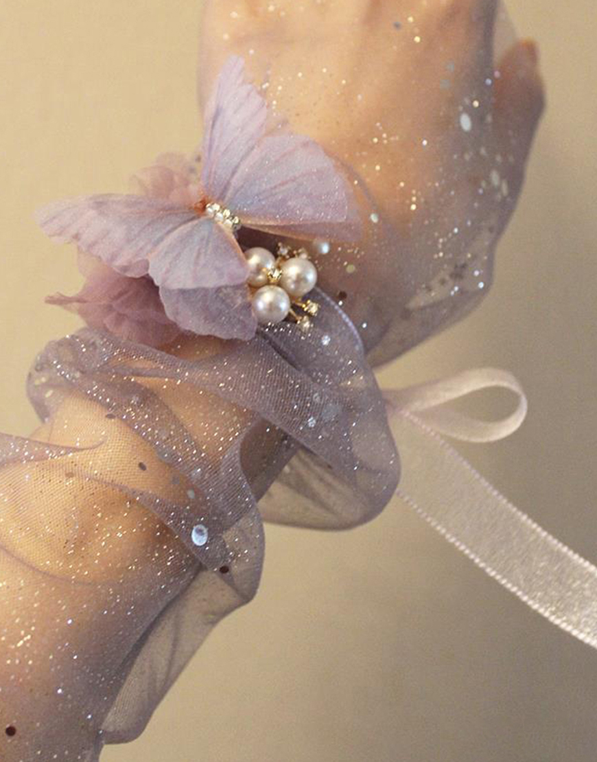 Sparkly Purple Butterfly Wrist Corsage with Ribbons