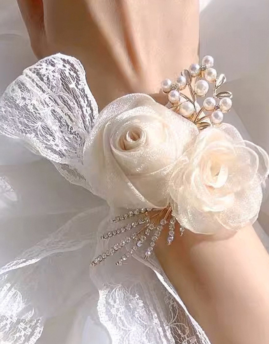 Glitter Apricot Flowers Pearls Homecoming Wrist Corsage with Lace Ribbons