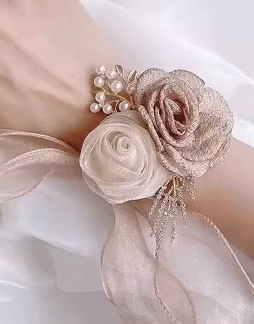 Glitter Apricot Flowers Pearls Homecoming Wrist Corsage with Lace Ribbons