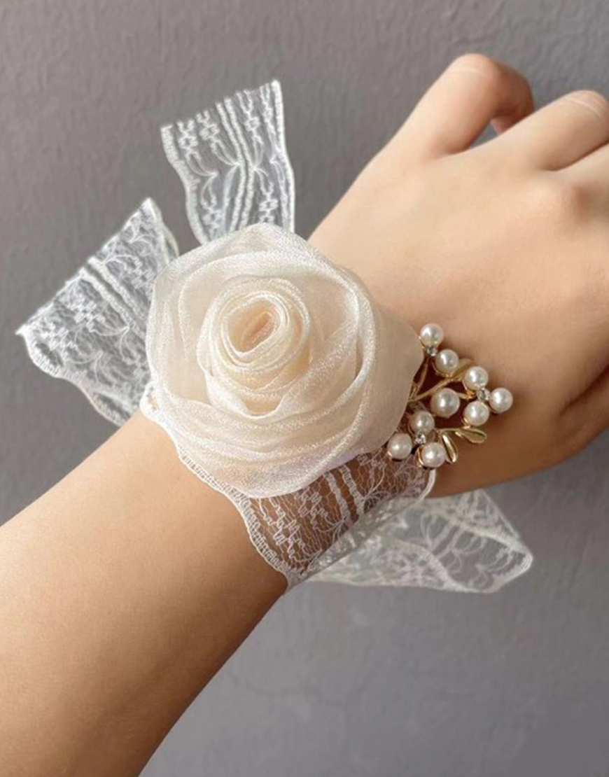 Champagne Flower Pearls Wrist Corsage with Lace Ribbons