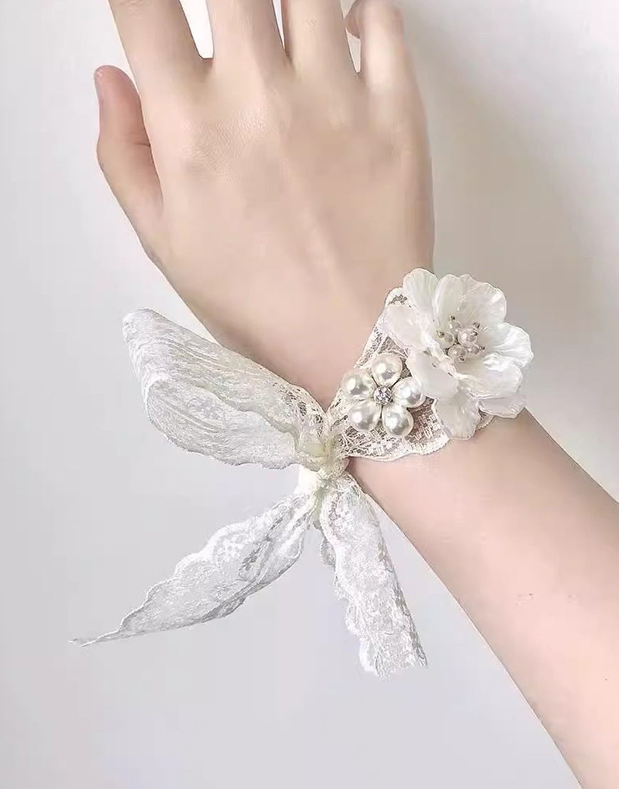 White Pearls Flower Wedding Wrist Corsage with Lace Ribbon