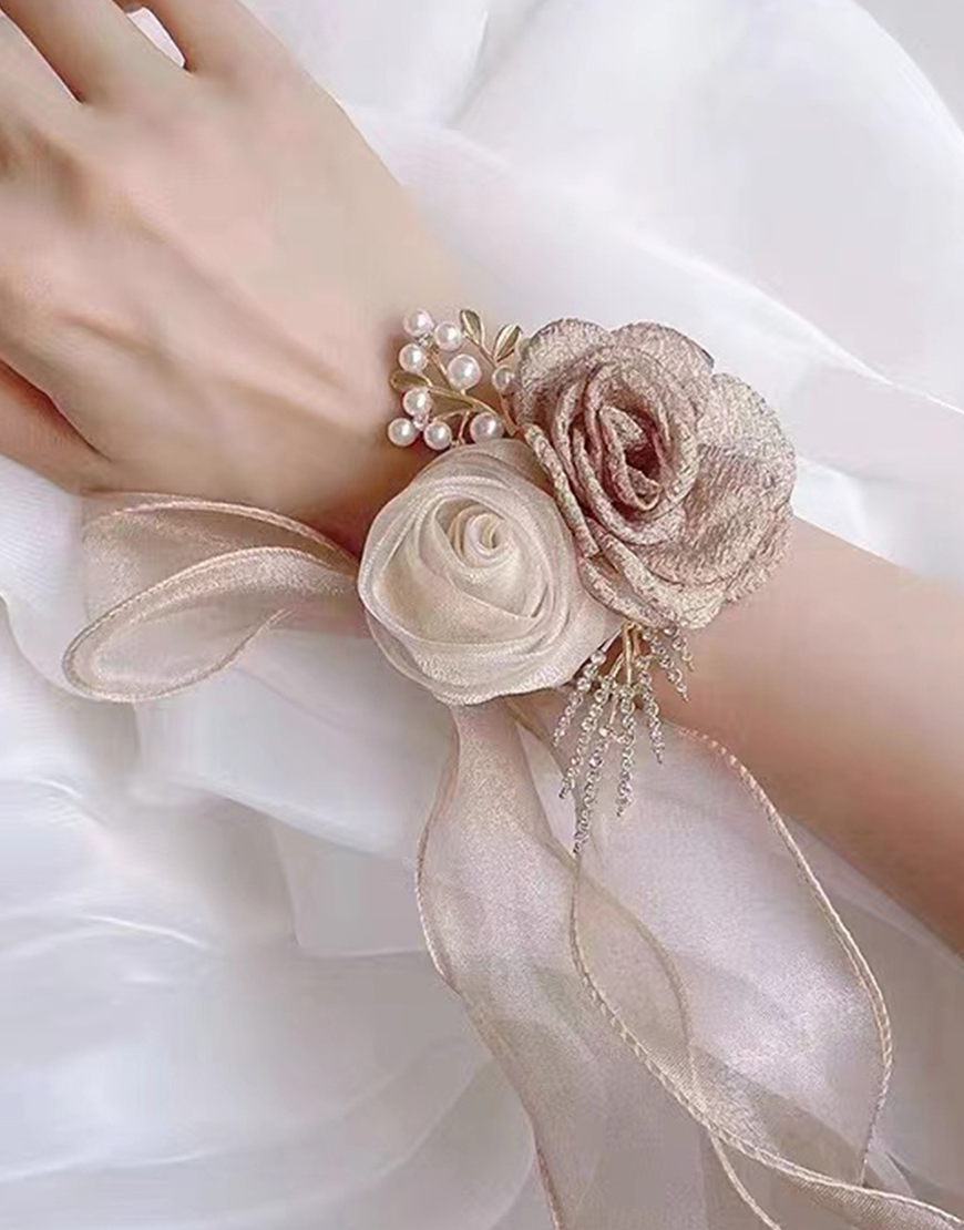 Champagne Flowers Pearls Homecoming Wrist Corsage with Ribbon