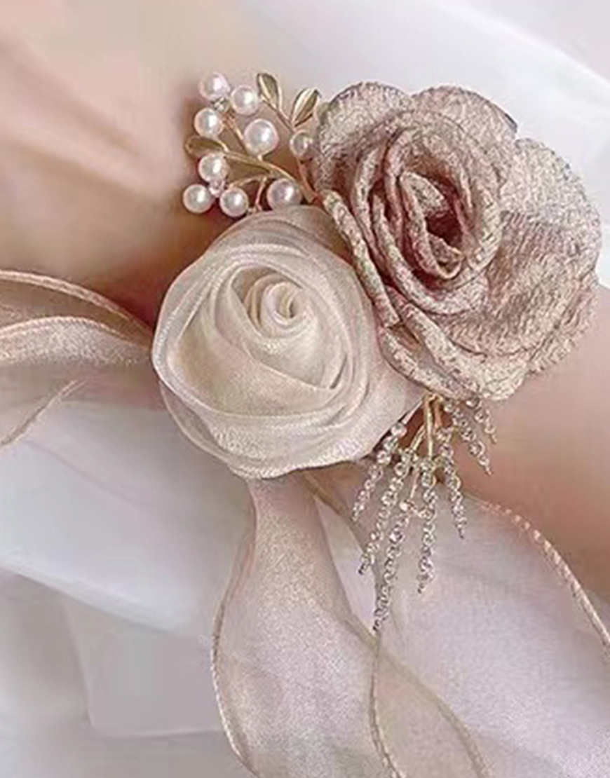 Champagne Flowers Pearls Homecoming Wrist Corsage with Ribbon