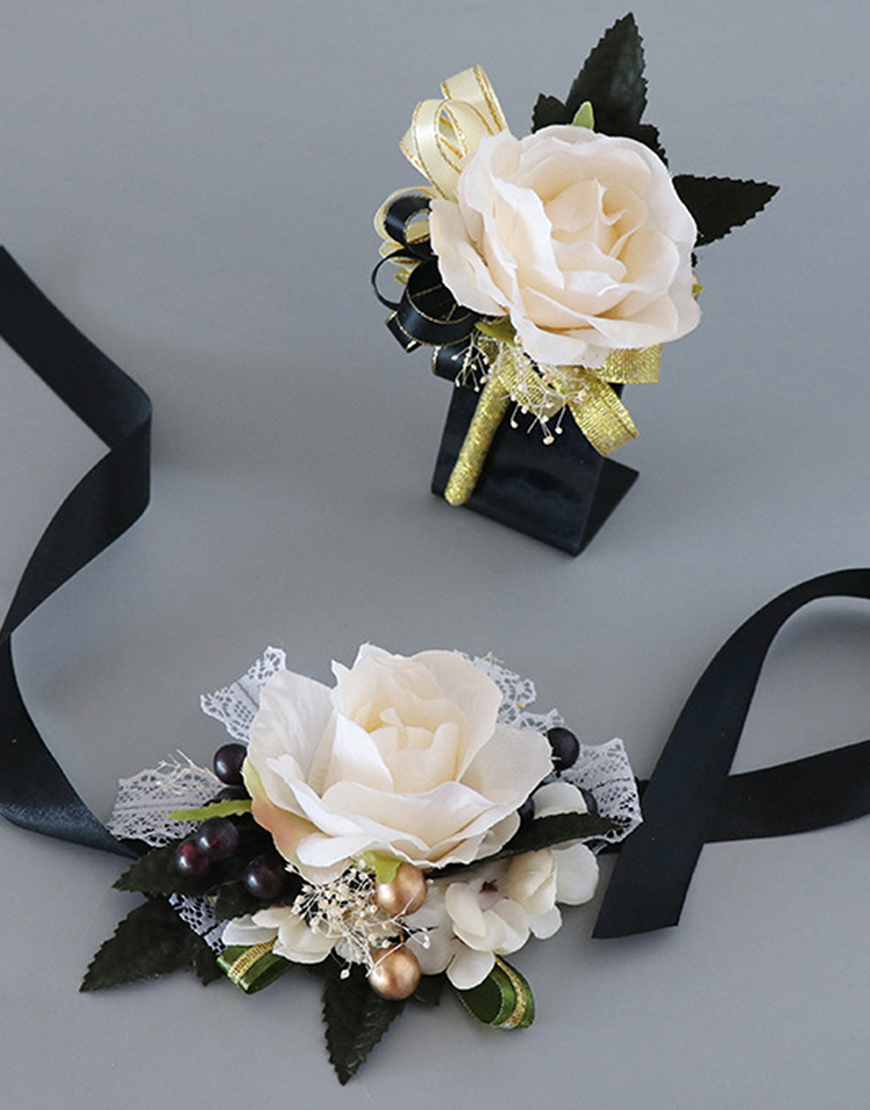 Black White Flower Homecoming Wrist Corsage And Boutonniere Set with Ribbon
