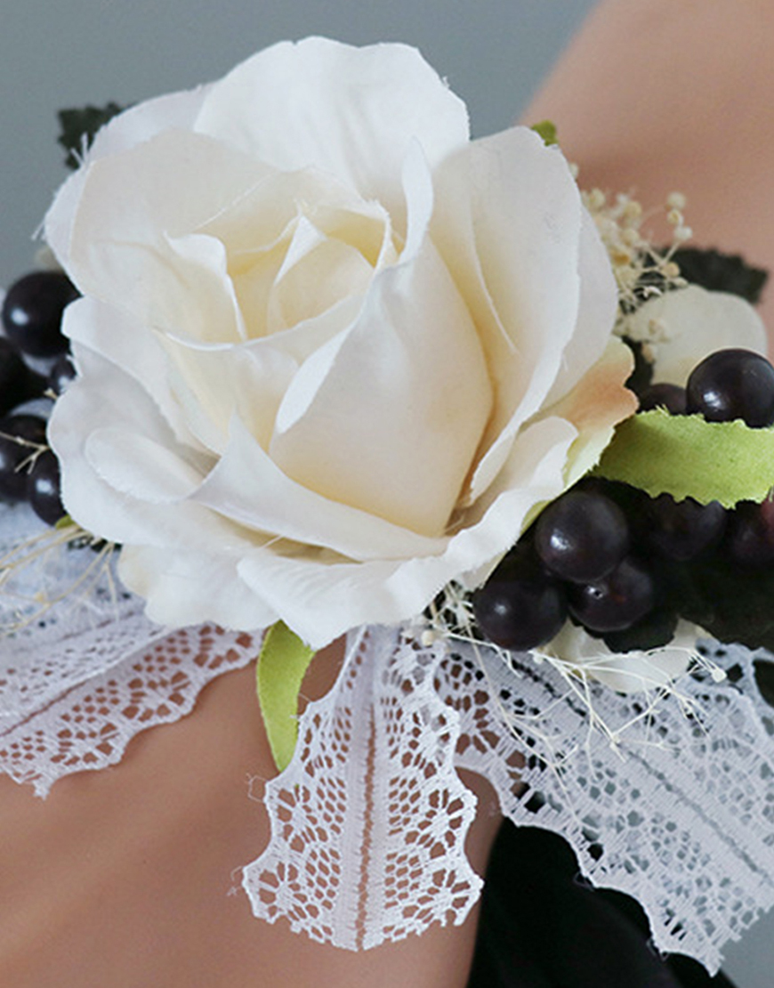 Black White Flower Homecoming Wrist Corsage And Boutonniere Set with Ribbon